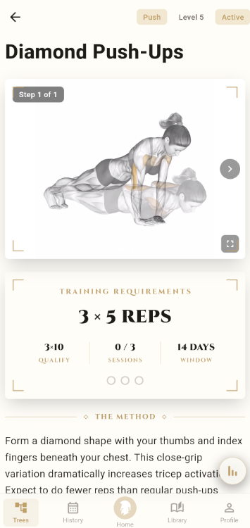 Agoge diamond push-ups exercise detail with training requirements