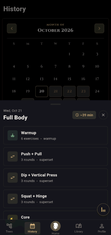 Agoge history calendar with full body session breakdown