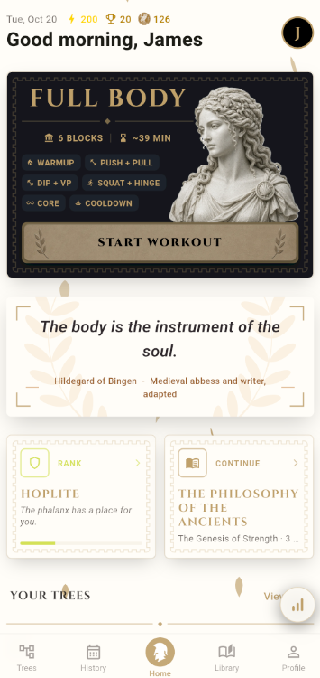 Agoge home screen with today's full body workout and a daily quote